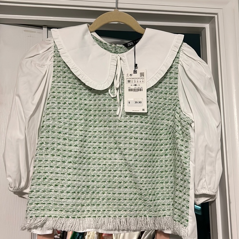 Zara Green and White Tweed-Like Peter Pan Collar Top